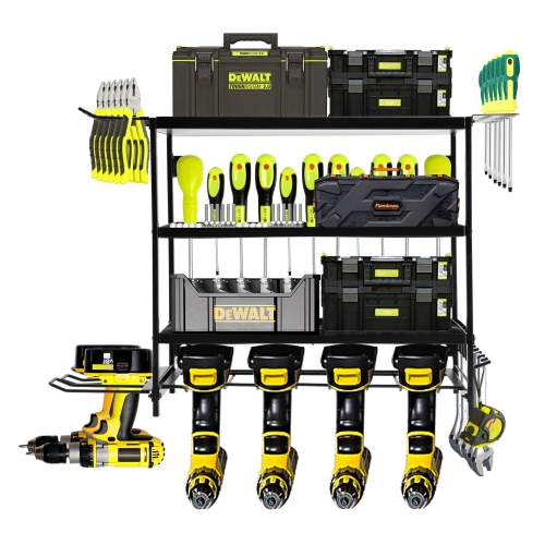 OUTMASTER Heavy Duty Garage Tool Organizer 4 Tiers with 5 Drill Bit Holders, Wall Mounted, 150 lbs Capacity