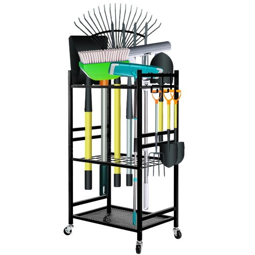 OUTMASTER Garden Tool Organizer Rack with Locking Wheel，Heavy-Duty Storage for Garage & Yard Tools