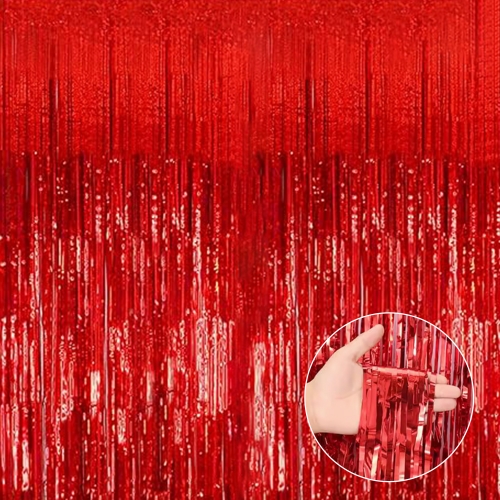 OUTMASTER Red Holographic Foil Fringe Curtain, Wall Door Party Decor, 3.3' x 9.8'.