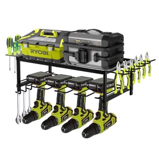 OUTMASTER 2-Tier Tool Organizer Wall Mount With 5 Drill Holders,100LB Capacity.For garage and shop utility racks.