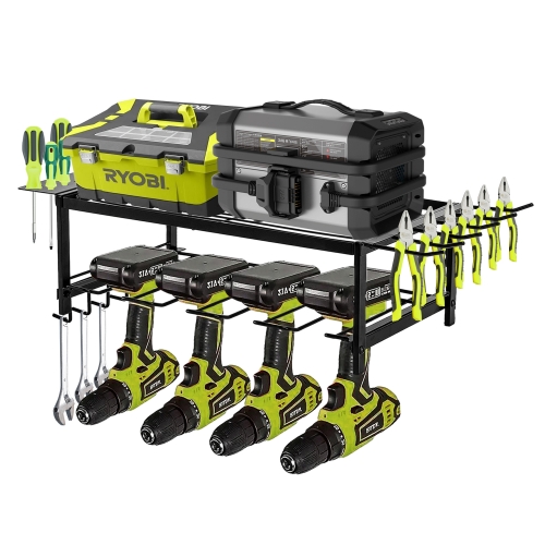 OUTMASTER 2-Tier Tool Organizer Wall Mount With 5 Drill Holders,100LB Capacity.For garage and shop utility racks.