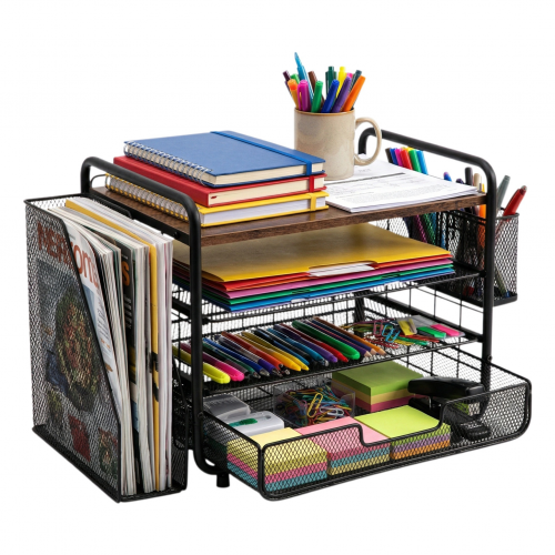 OUTMASTER 4-Tier Desk Organizer,Metal Desktop File Organizer with Drawer and Pen Holder,Office Supplies
