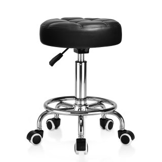 OUTMASTER Rolling Stool with Footrest PU Leather Height Adjustable for Home Salon Shop (Black)
