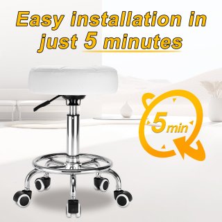 OUTMASTER Rolling Stool with Footrest PU Leather Height Adjustable for Home Salon Shop (White)