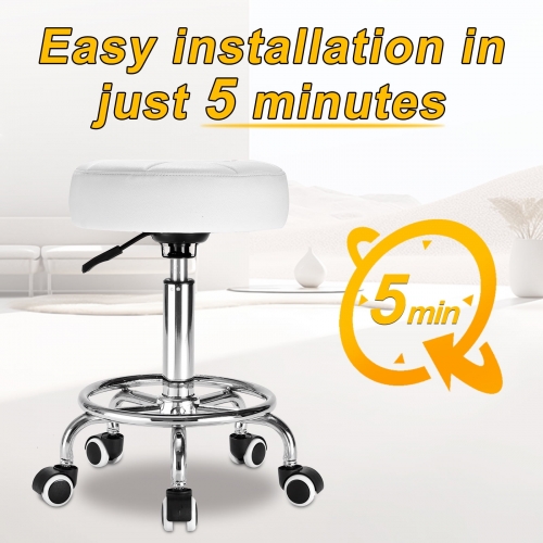 OUTMASTER Rolling Stool with Footrest PU Leather Height Adjustable for Home Salon Shop (White)