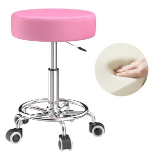 OUTMASTER Rolling Stool with Footrest PU Leather Height Adjustable for Home Salon Shop (Pink)