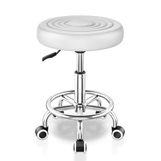 OUTMASTER Rolling Stool with Footrest PU Leather Height Adjustable for Home Salon Shop (White)